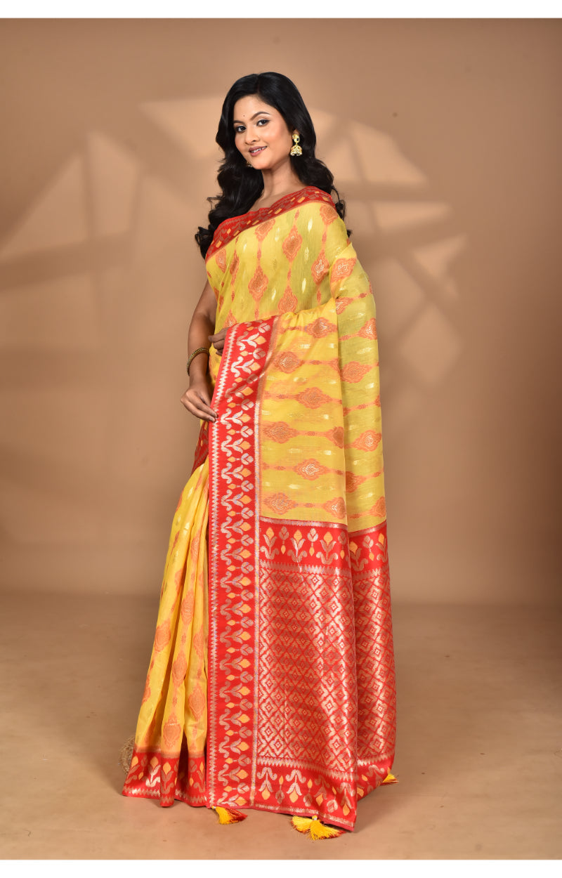 Morchari Women Desgin Kashmiri Silk Linen Saree-Yellow | Grocsy