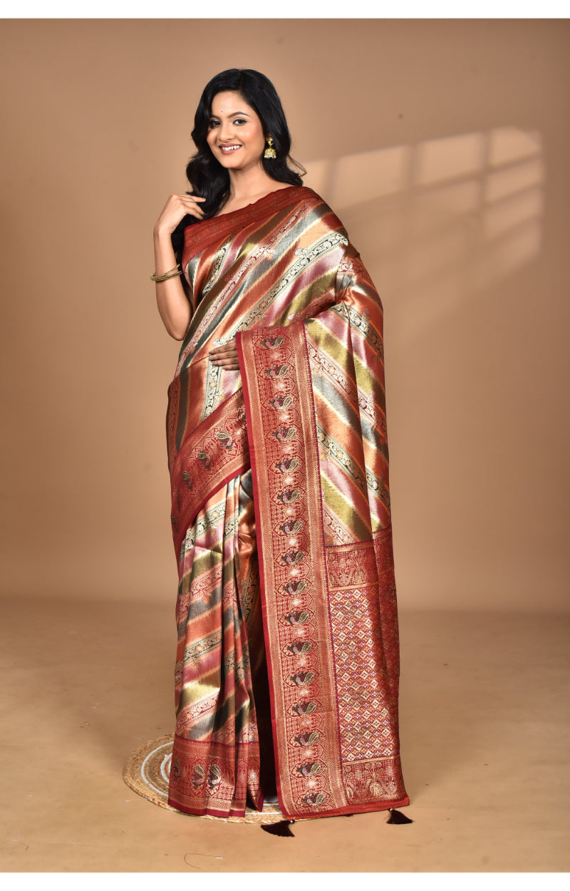 Morchari Ethnic Motifs Silk Blend Dharmavaram Saree-Maroon | Grocsy