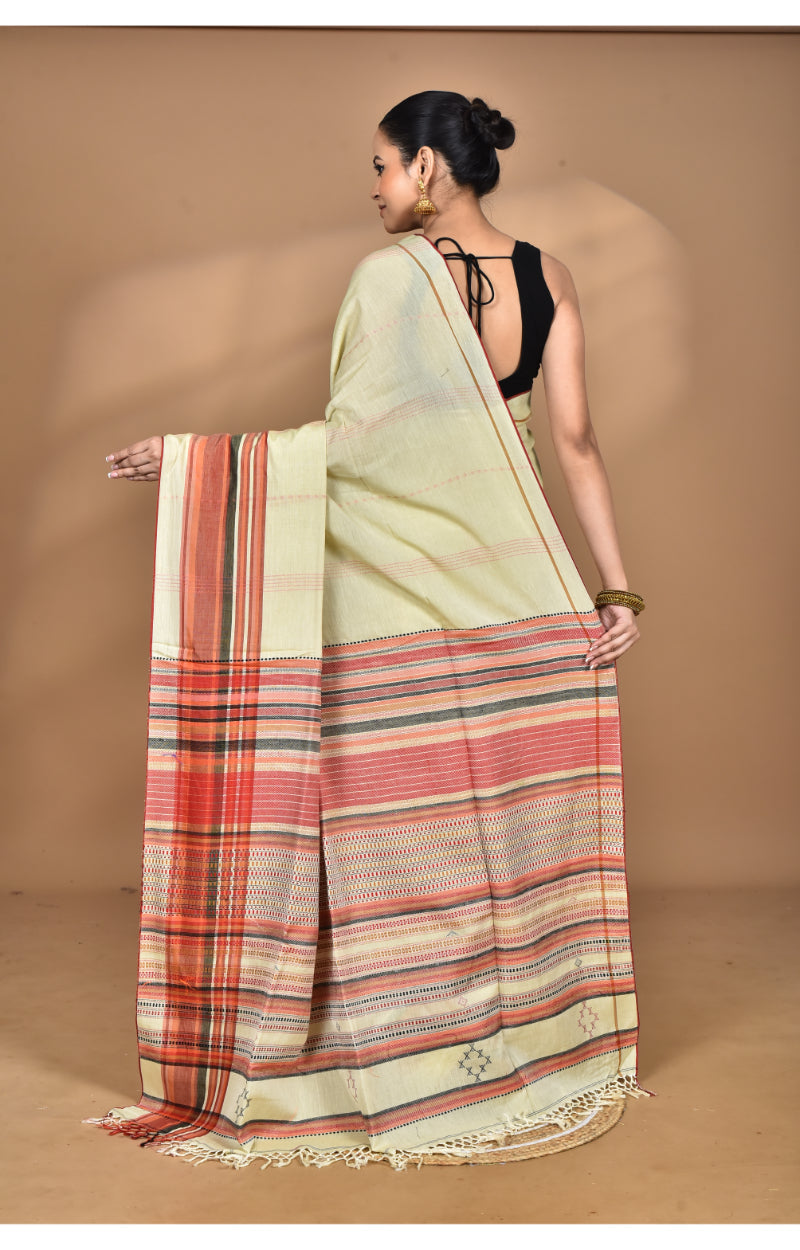 Morchari Pure Cotton Dhakai Jamdani Handloom Saree-Cream | Grocsy