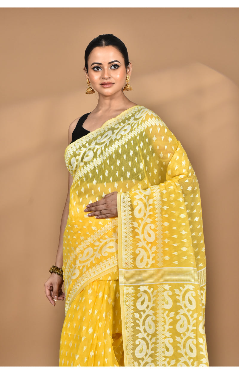 Morchari Pure Cotton Dhakai Jamdani Handloom Saree-Yellow | Grocsy