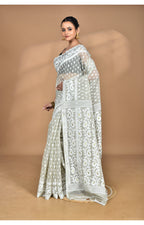 Morchari Pure Cotton Dhakai Jamdani Handloom Saree-Grey | Grocsy