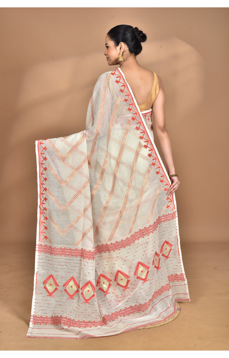Morchari Pure Cotton Dhakai Jamdani Handloom Saree-Cream | Grocsy
