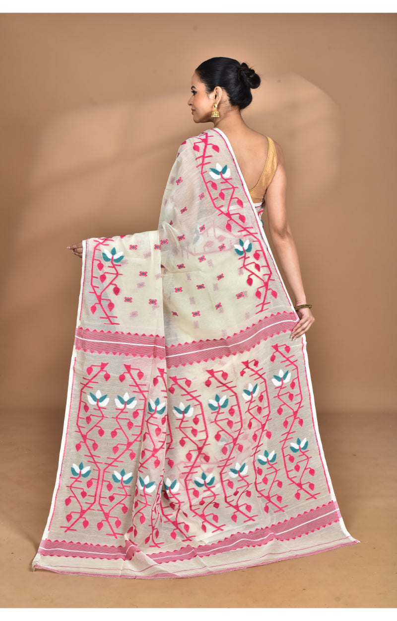 Morchari Pure Cotton Dhakai Jamdani Handloom Saree-Cream | Grocsy