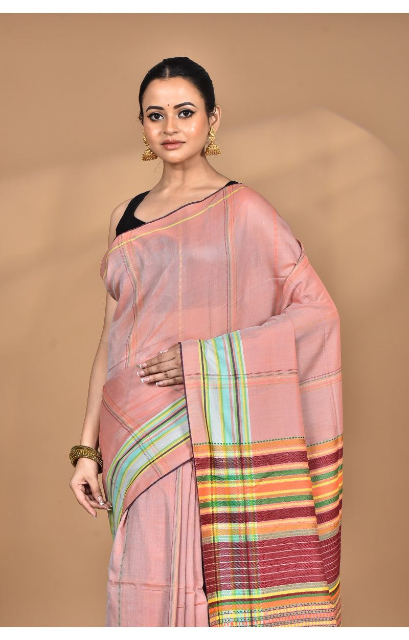 Morchari Pure Cotton Dhakai Jamdani Handloom Saree-Peach | Grocsy