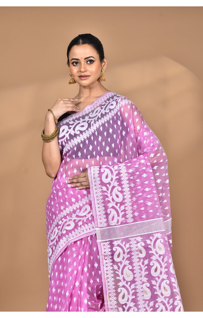 Morchari Pure Cotton Dhakai Jamdani Handloom Saree-Pink | Grocsy
