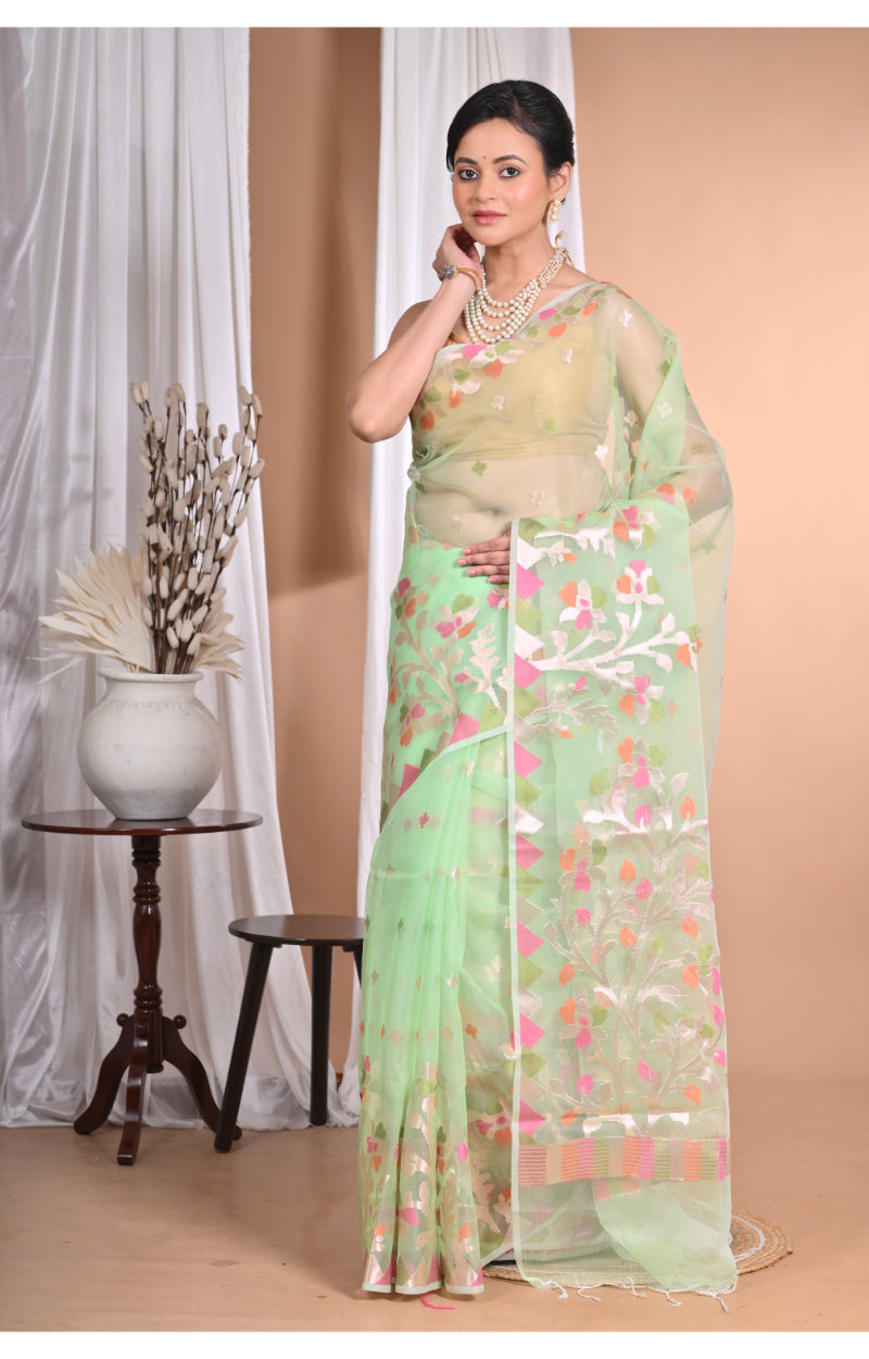Morchari Heavy Jamdani Silk Orzanga Saree-Green | Grocsy