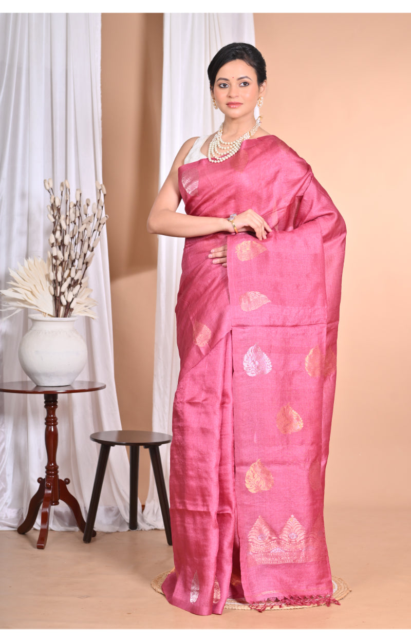 Morchari Pure Tussar Silk Handloom Saree-Pink | Grocsy