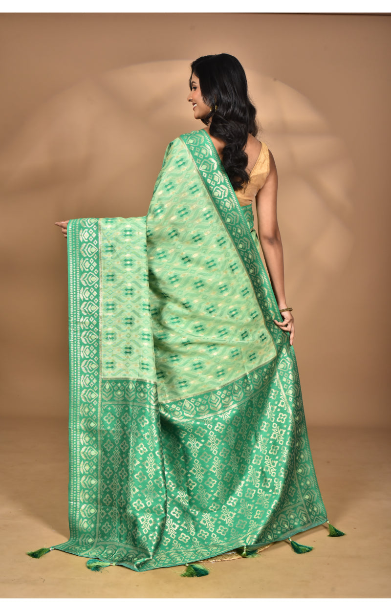 Morchari Women Desgin Kashmiri Silk Linen Saree-Green | Grocsy