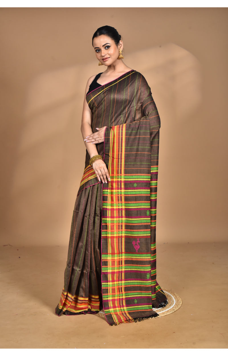 Morchari Pure Cotton Dhakai Jamdani Handloom Saree-Coffee Brown | Grocsy