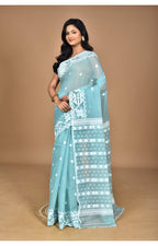 Morchari Pure Cotton Dhakai Jamdani Handloom Saree-Turquoise Blue | Grocsy