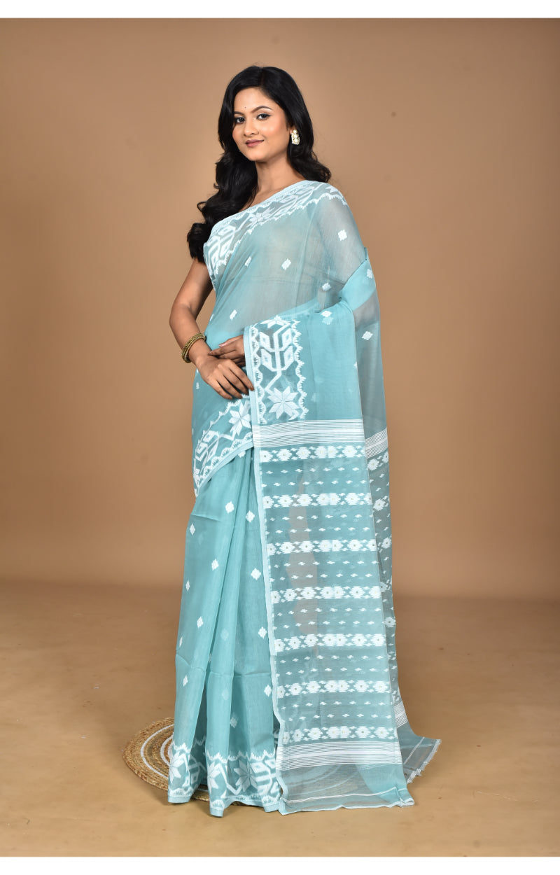 Morchari Pure Cotton Dhakai Jamdani Handloom Saree-Turquoise Blue | Grocsy