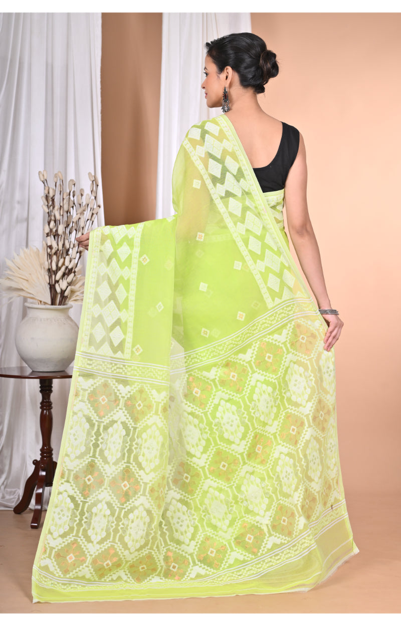Morchari Pure Cotton Dhakai Jamdani Handloom Saree-Green | Grocsy
