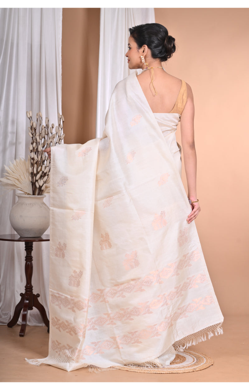 Morchari Pure Tussar Silk Handloom Saree-Cream | Grocsy