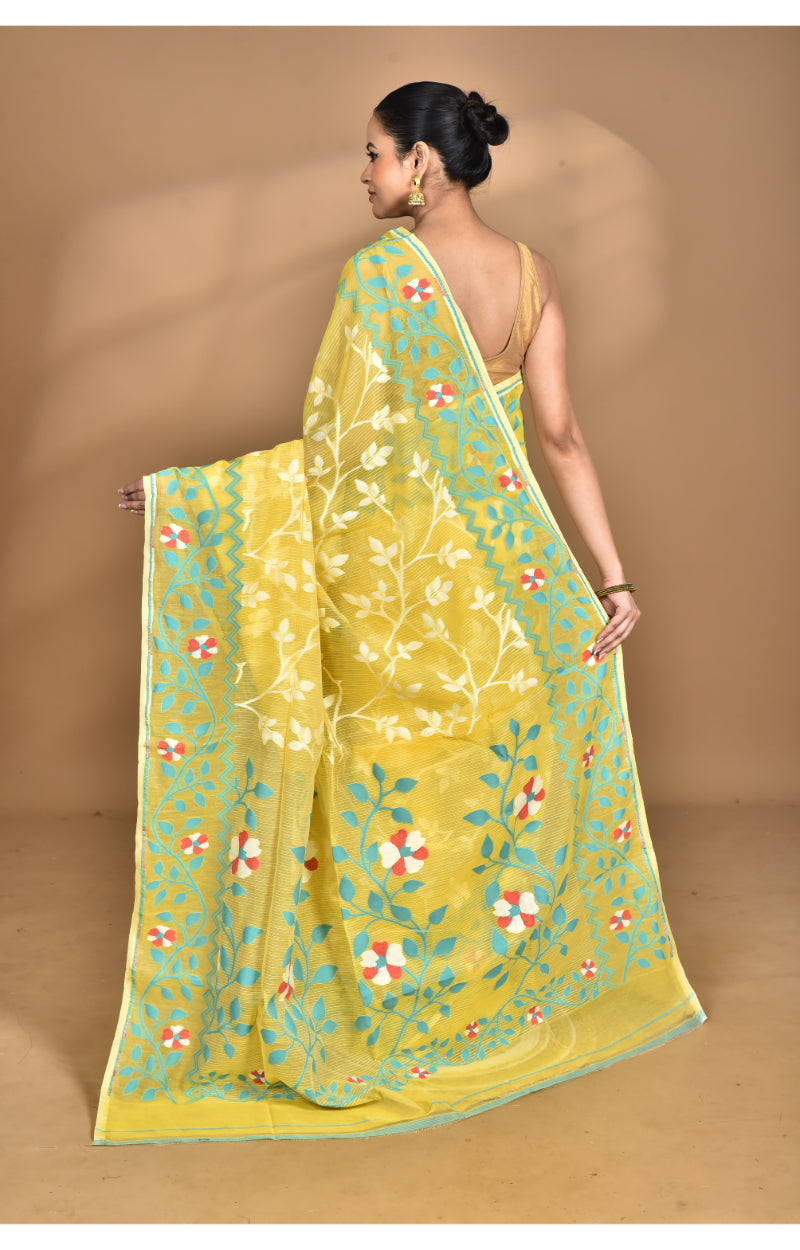 Morchari Pure Cotton Dhakai Jamdani Handloom Saree-Yellow | Grocsy