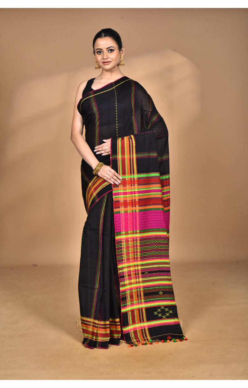 Morchari Pure Cotton Dhakai Jamdani Handloom Saree-Black | Grocsy