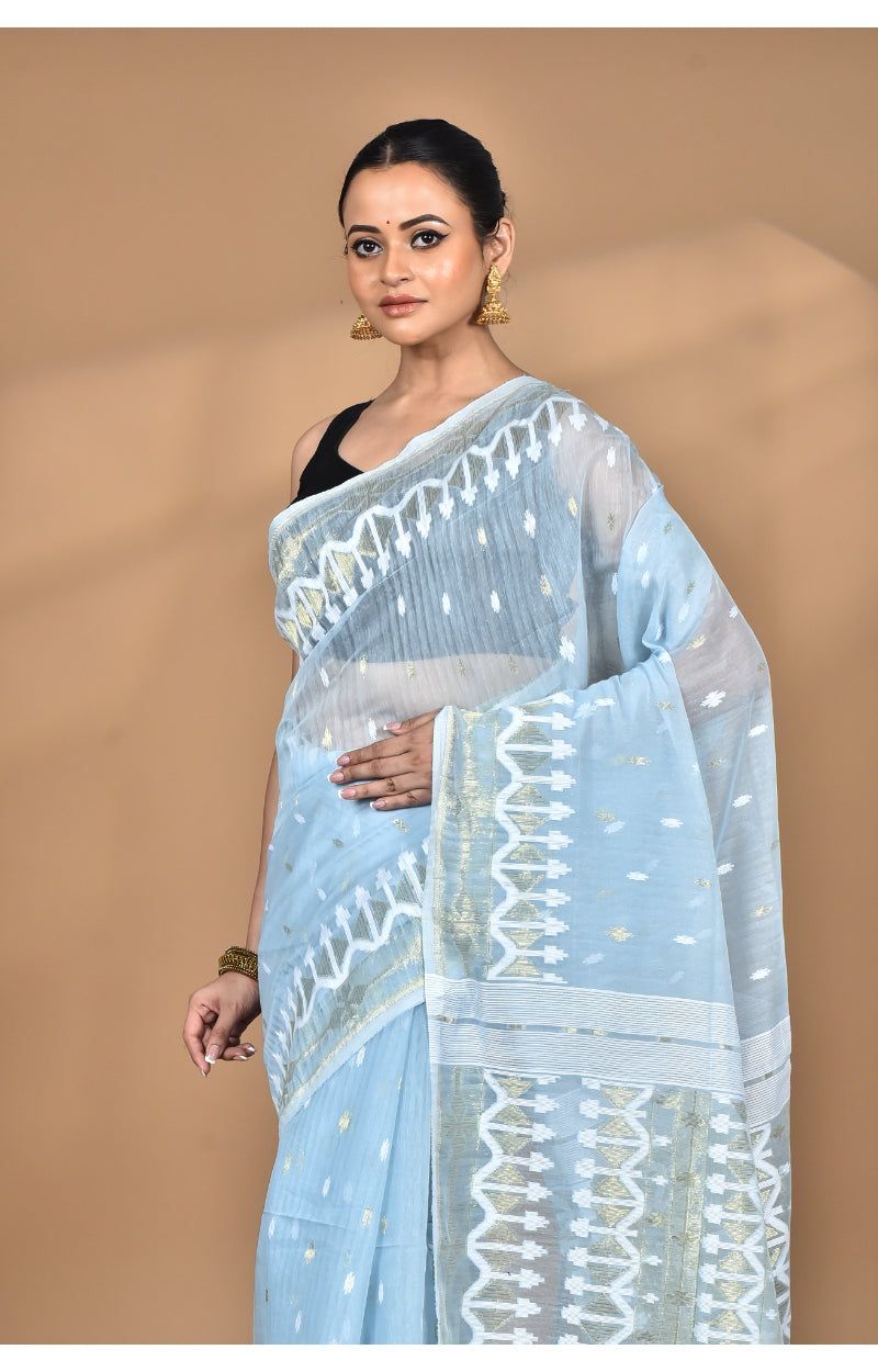 Morchari Pure Cotton Dhakai Jamdani Handloom Saree-Blue | Grocsy