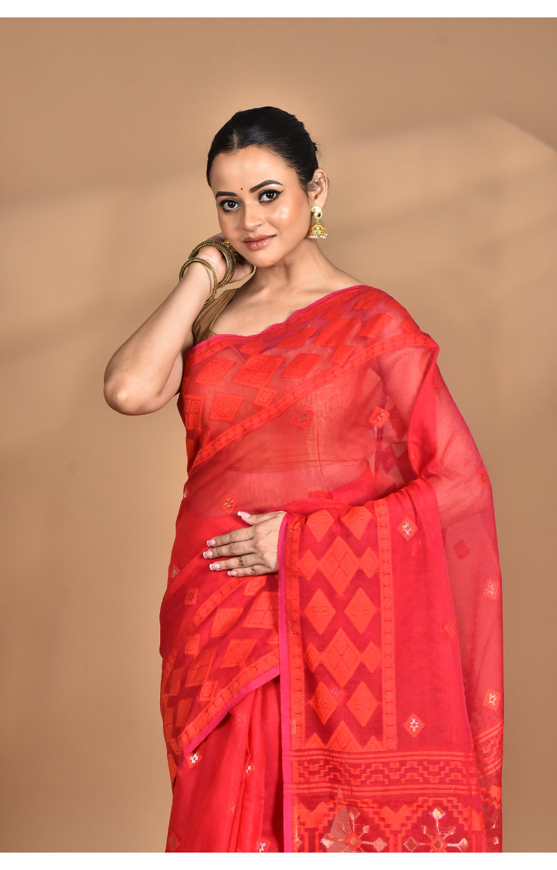 Morchari Pure Cotton Dhakai Jamdani Handloom Saree-Red | Grocsy