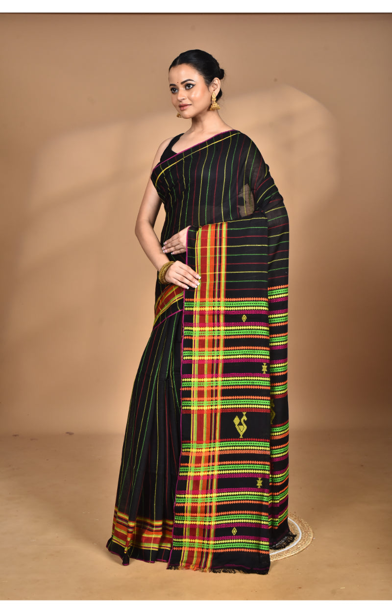 Morchari Pure Cotton Dhakai Jamdani Handloom Saree-Black | Grocsy