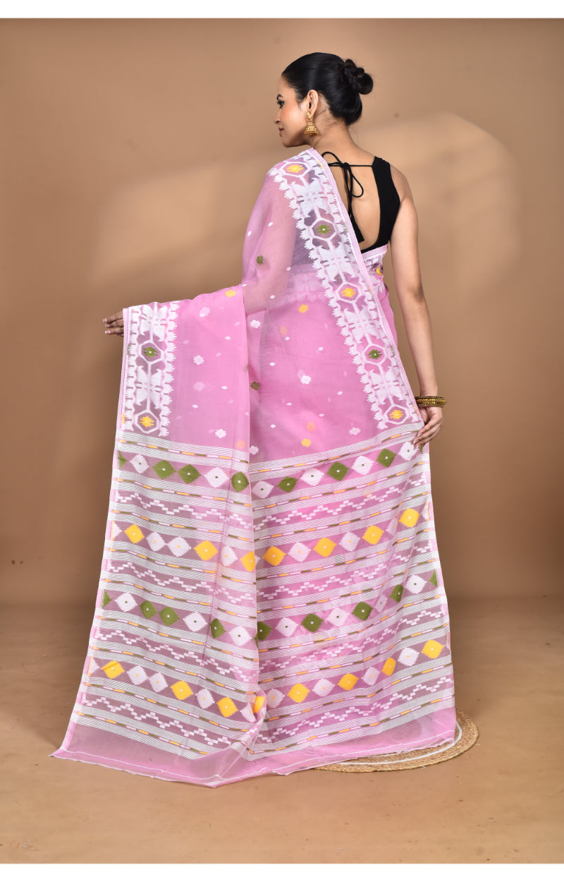 Morchari Pure Cotton Dhakai Jamdani Handloom Saree-Pink | Grocsy