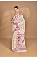 Morchari Pure Cotton Dhakai Jamdani Handloom Saree-Beige | Grocsy