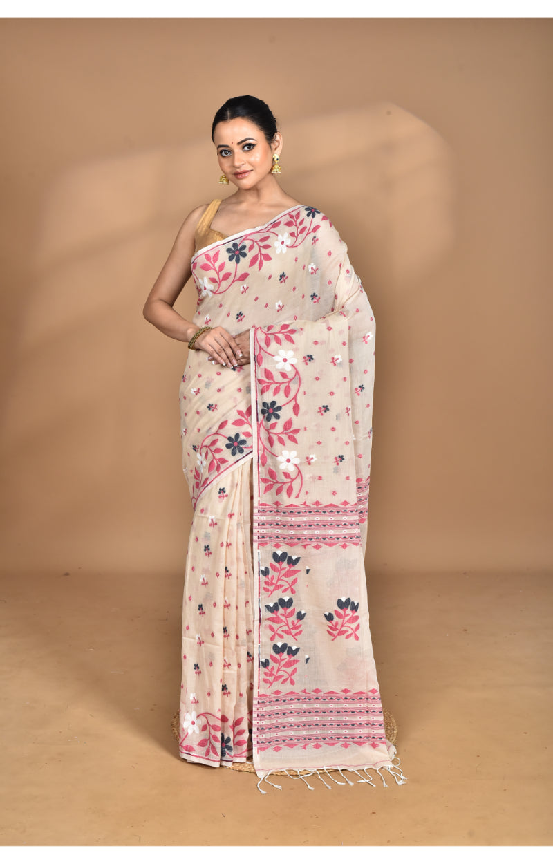 Morchari Pure Cotton Dhakai Jamdani Handloom Saree-Beige | Grocsy