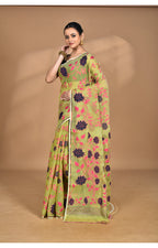 Morchari Pure Cotton Dhakai Jamdani Handloom Saree-Green | Grocsy