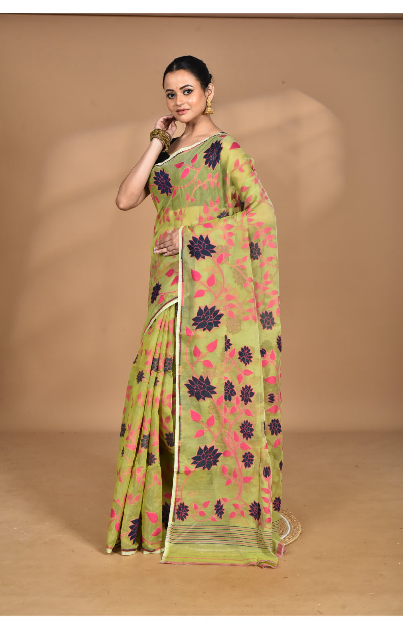 Morchari Pure Cotton Dhakai Jamdani Handloom Saree-Green | Grocsy