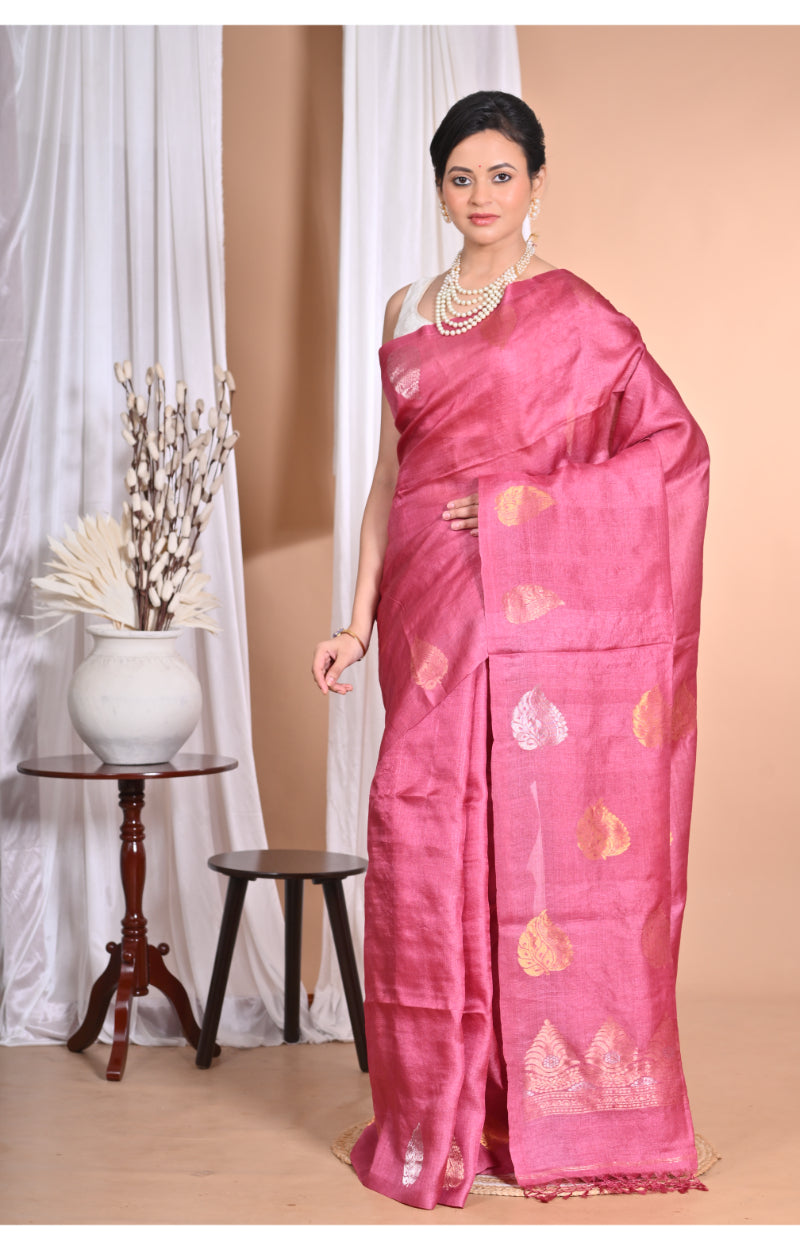 Morchari Pure Tussar Silk Handloom Saree-Pink | Grocsy