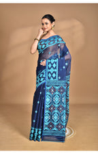 Morchari Pure Cotton Dhakai Jamdani Handloom Saree-Blue | Grocsy