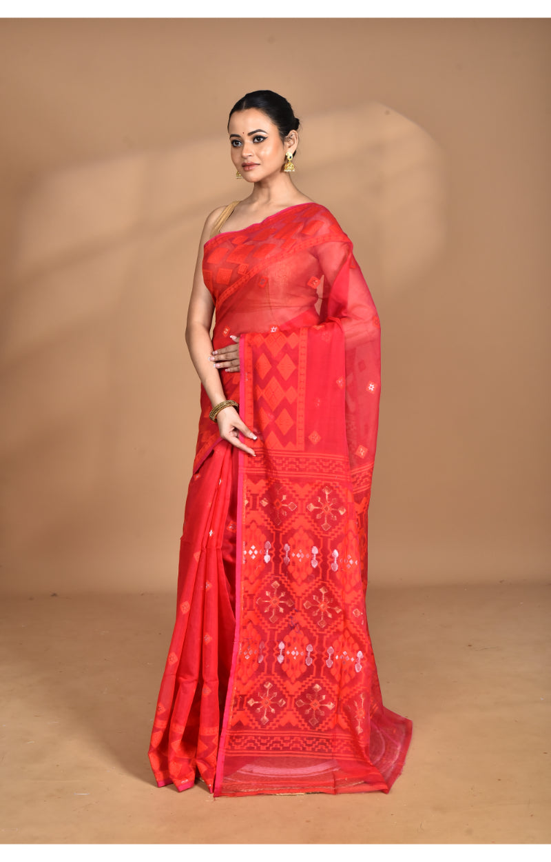 Morchari Pure Cotton Dhakai Jamdani Handloom Saree-Red | Grocsy