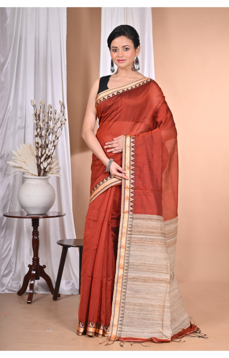 Morchari Pure Cotton Dhakai Jamdani Handloom Saree-Brown | Grocsy
