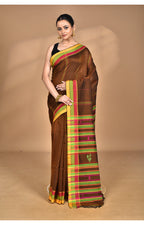 Morchari Pure Cotton Dhakai Jamdani Handloom Saree-Brown | Grocsy