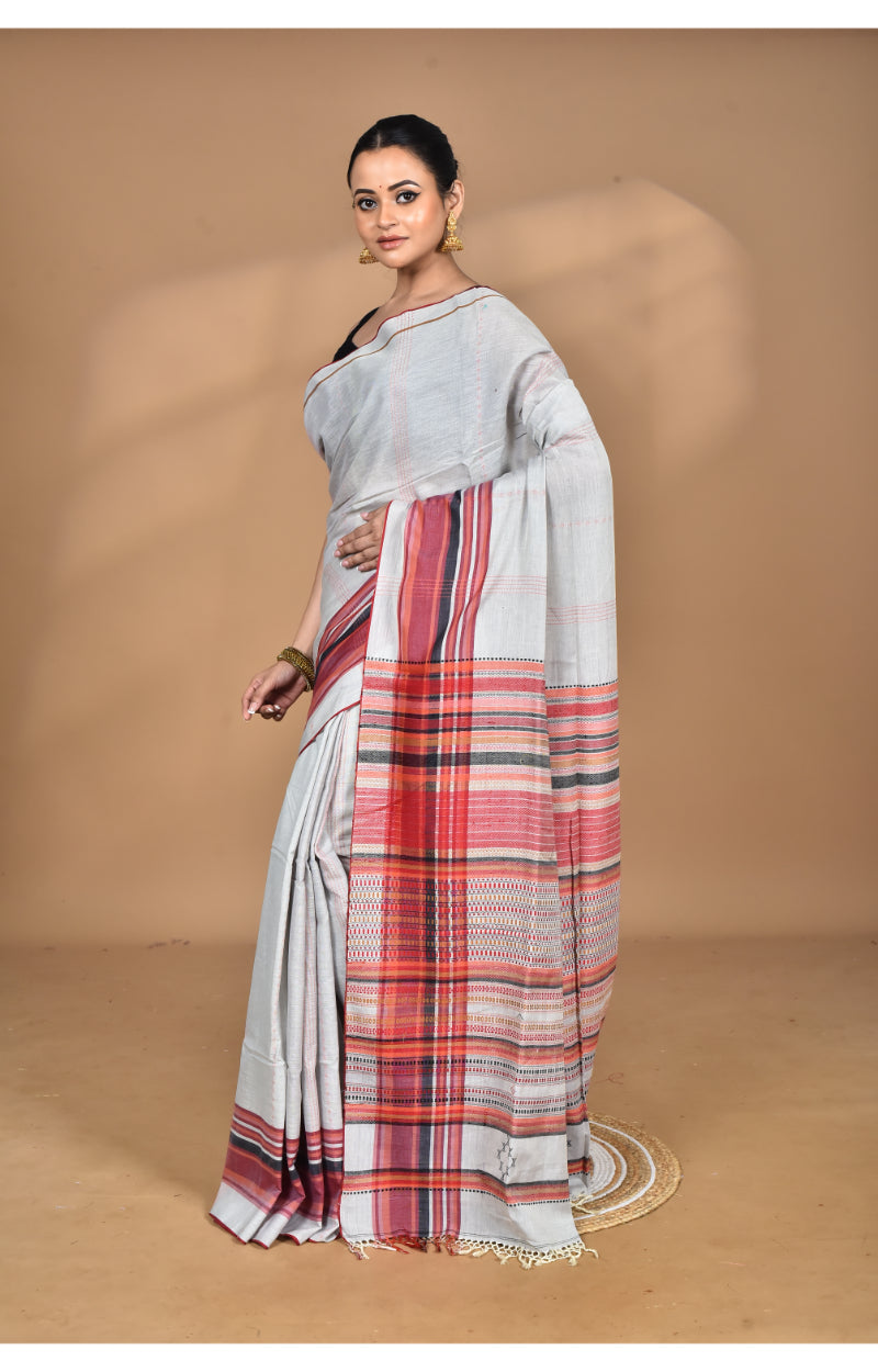 Morchari Pure Cotton Dhakai Jamdani Handloom Saree-Grey | Grocsy