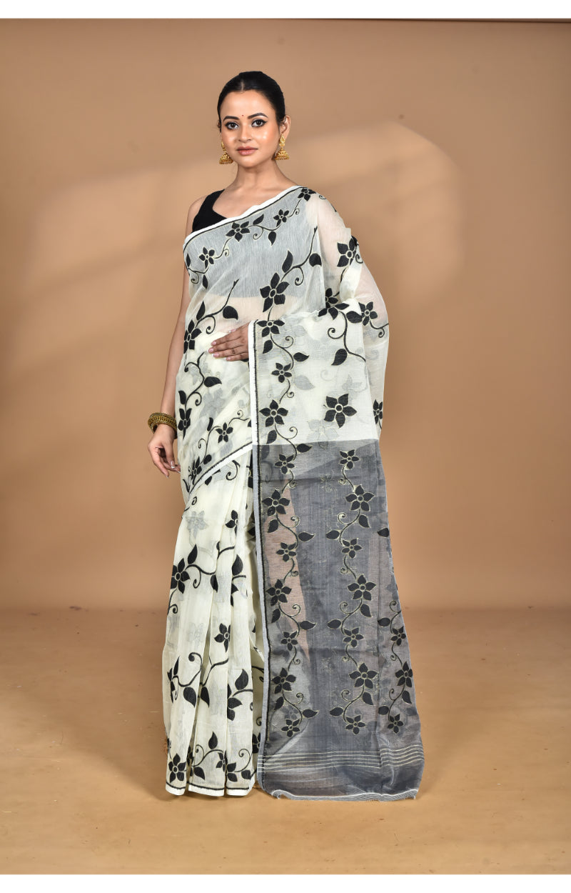 Morchari Pure Cotton Dhakai Jamdani Handloom Saree-Cream | Grocsy