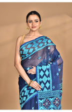 Morchari Pure Cotton Dhakai Jamdani Handloom Saree-Blue | Grocsy