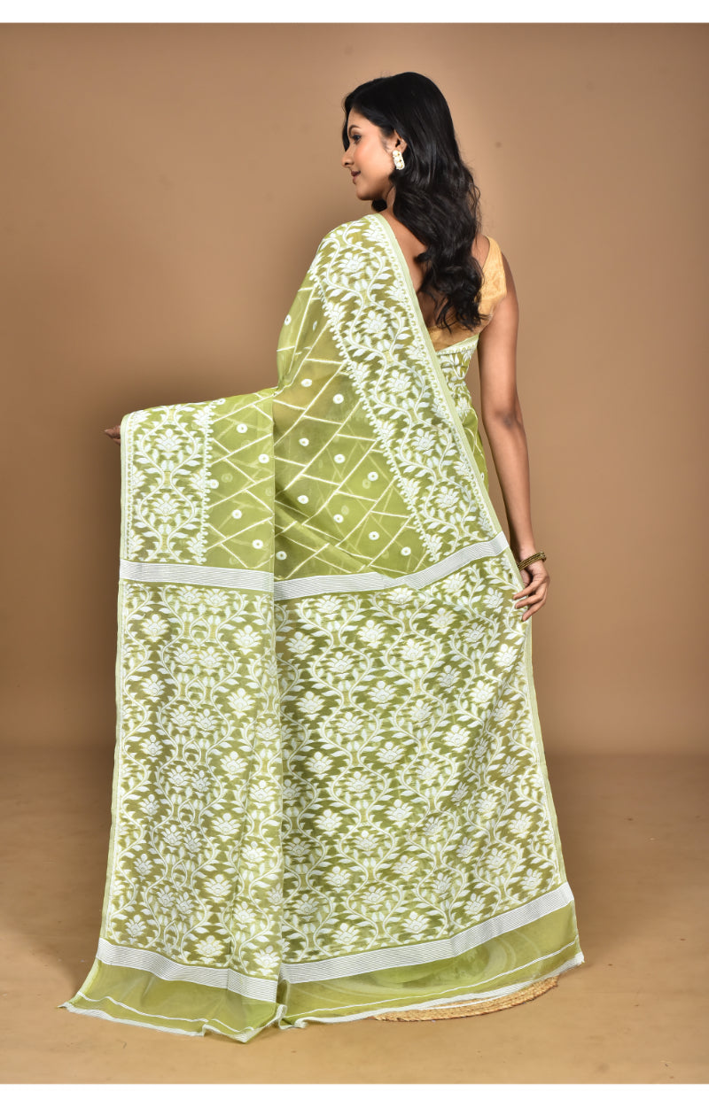 Morchari Pure Cotton Dhakai Jamdani Handloom Saree-Green | Grocsy