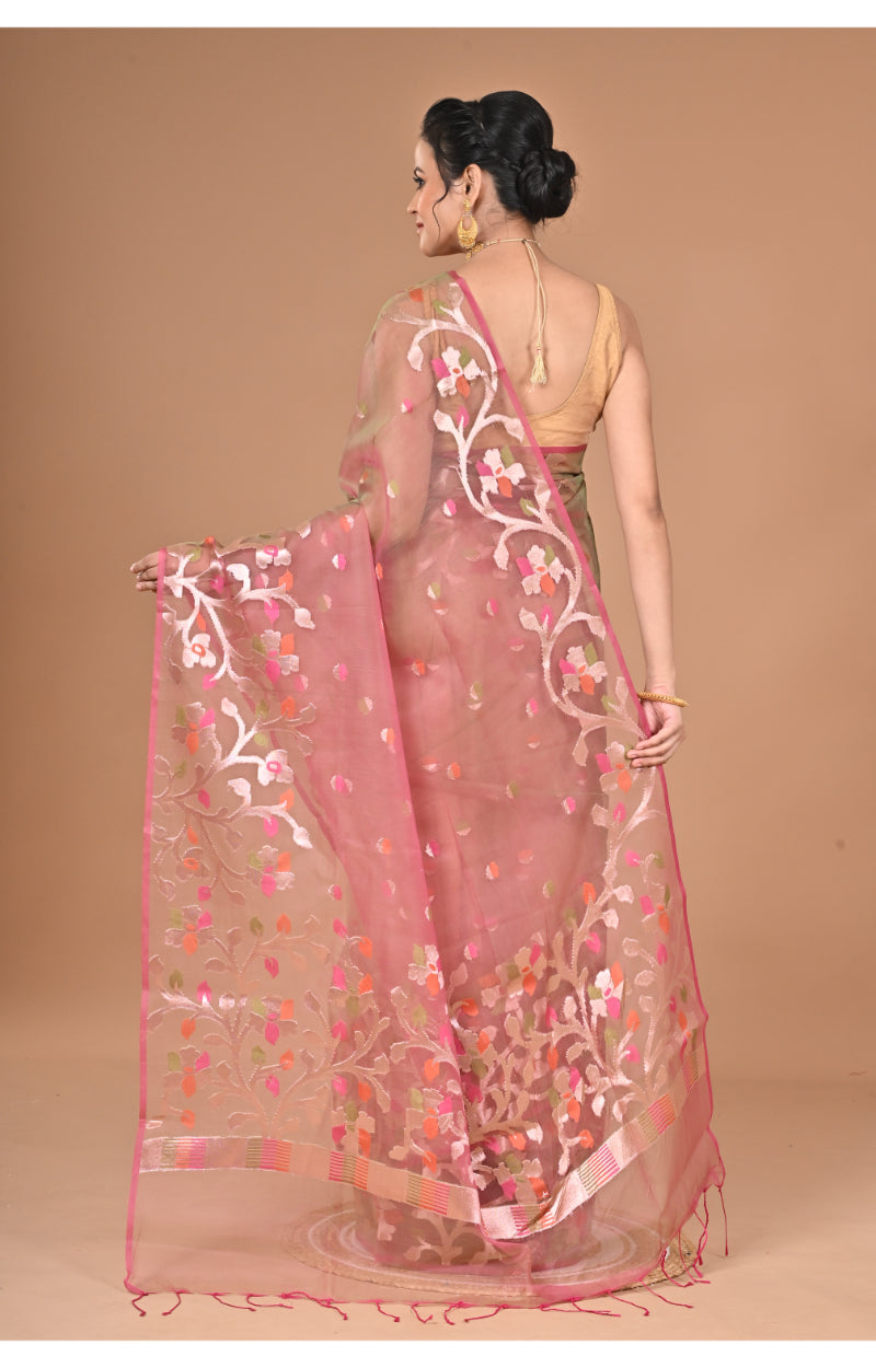 Morchari Semi Orzanga Jamdani Silk Saree-Mehendi | Grocsy