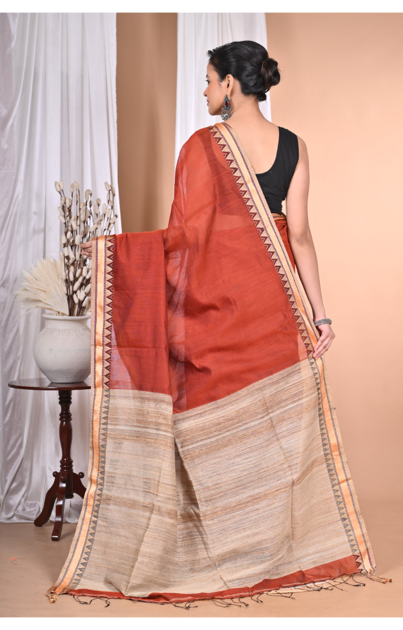 Morchari Pure Cotton Dhakai Jamdani Handloom Saree-Brown | Grocsy