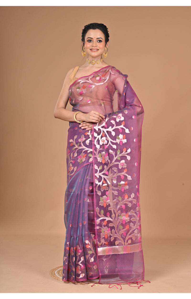 Morchari Semi Orzanga Jamdani Silk Saree-Wine | Grocsy