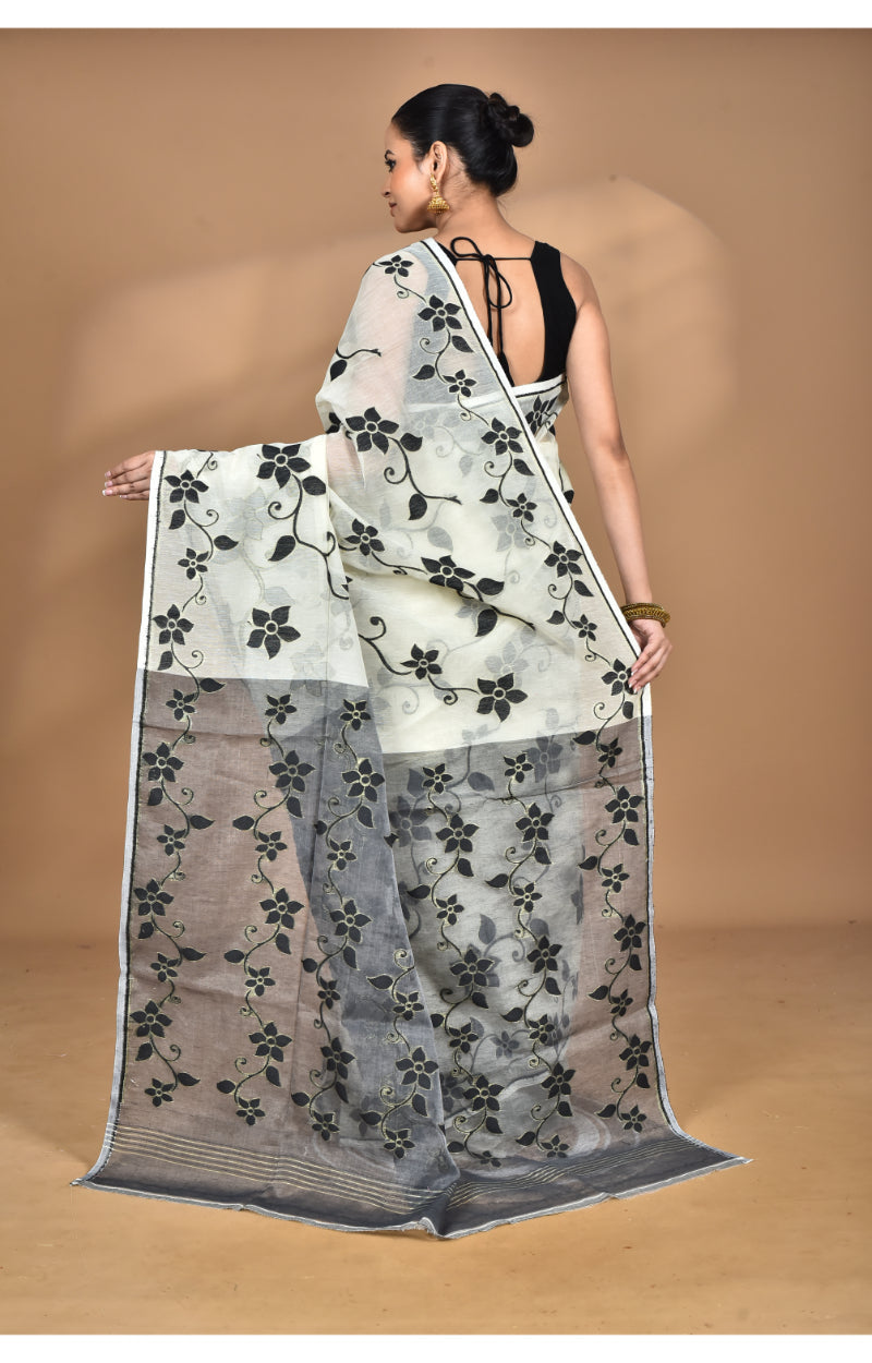 Morchari Pure Cotton Dhakai Jamdani Handloom Saree-Cream | Grocsy
