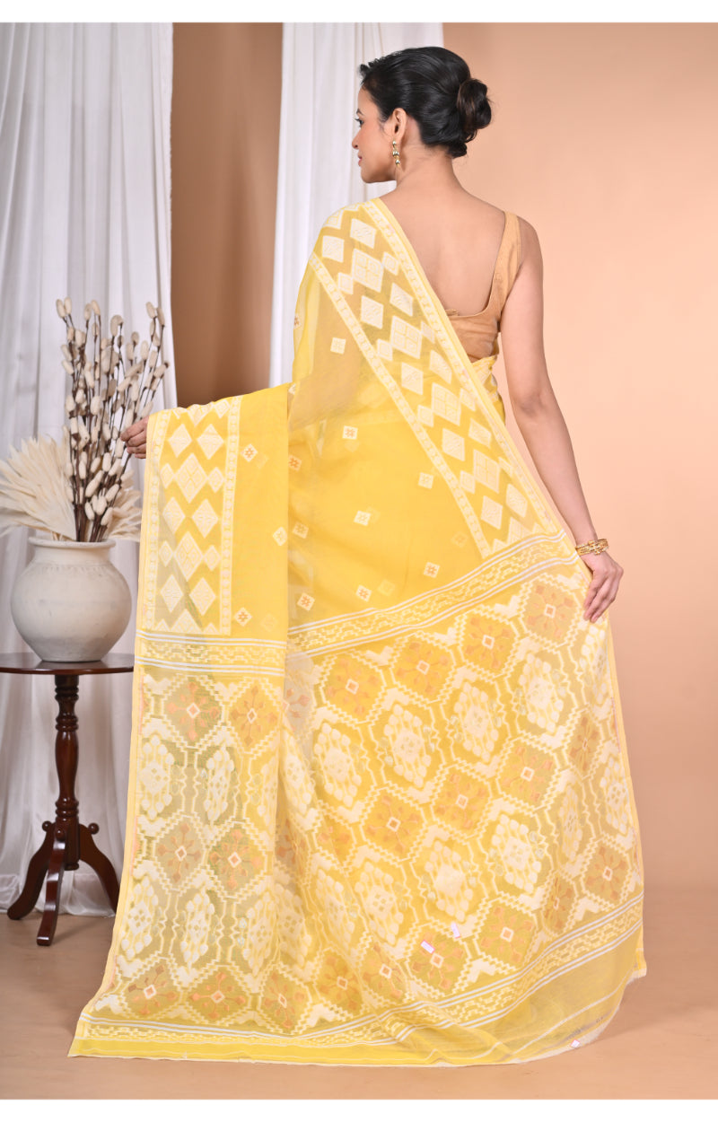 Morchari Pure Cotton Dhakai Jamdani Handloom Saree-Yellow | Grocsy