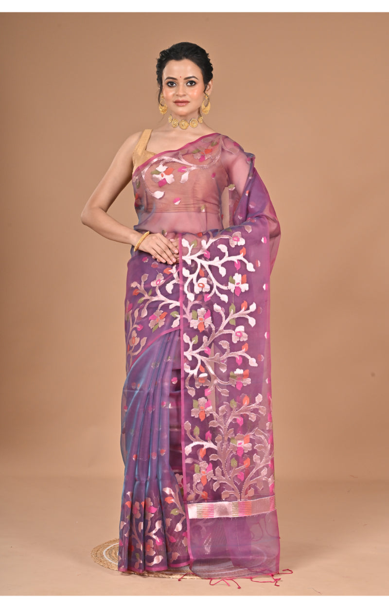 Morchari Semi Orzanga Jamdani Silk Saree-Wine | Grocsy
