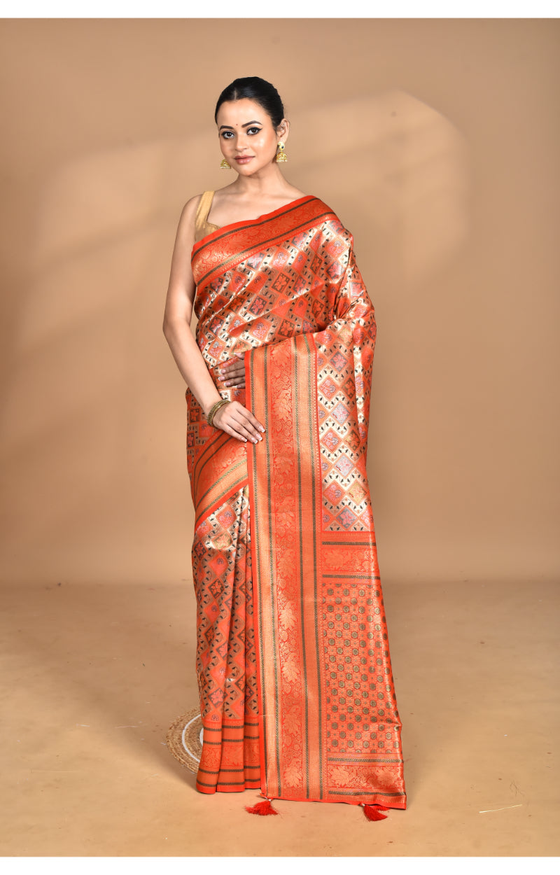 Morchari Rajputana Kanjiviram Silk Saree-Orange | Grocsy