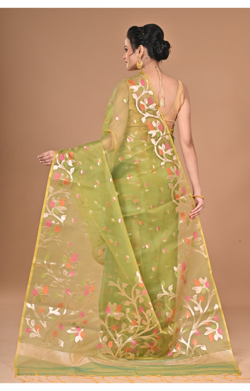 Morchari Heavy Jamdani Silk Orzanga Saree-Green | Grocsy