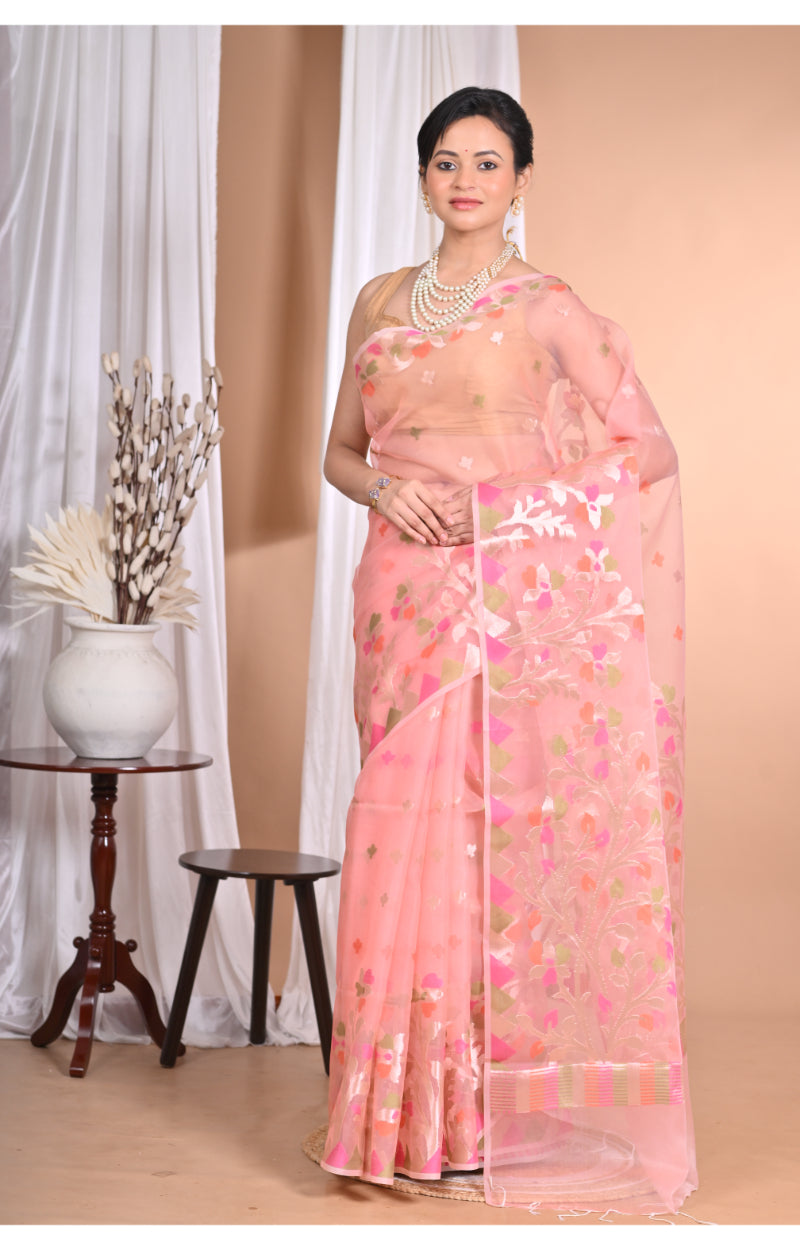 Morchari Heavy Jamdani Silk Orzanga Saree-Pink | Grocsy