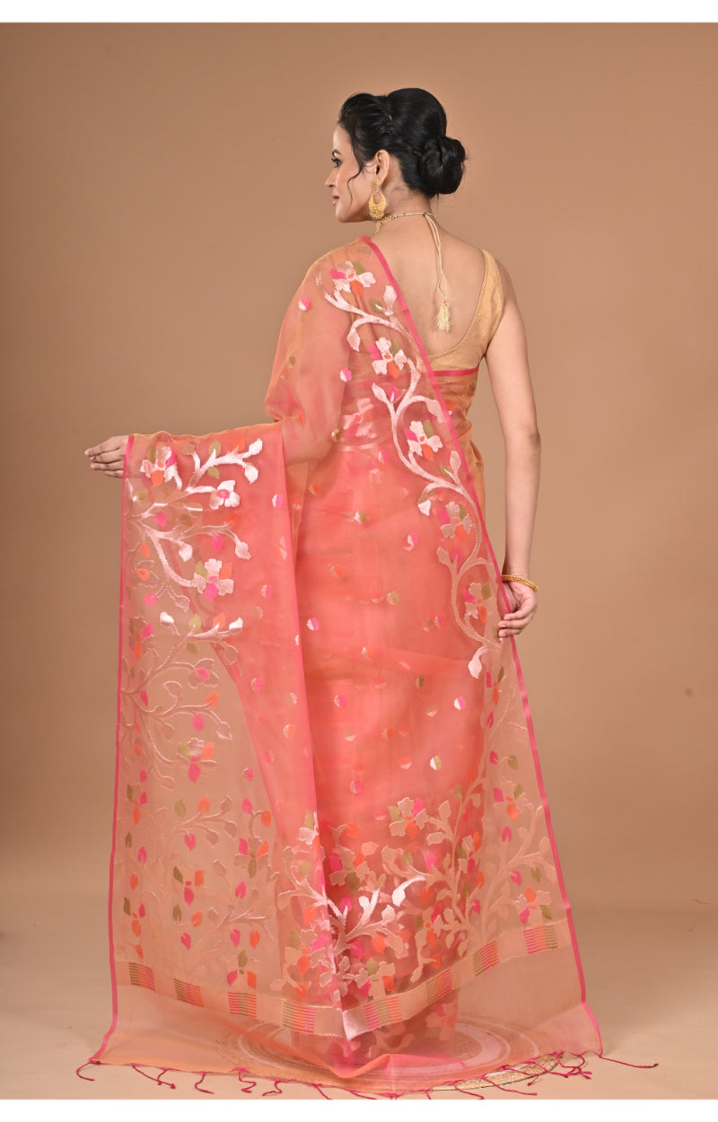Morchari Semi Orzanga Jamdani Silk Saree-Peach | Grocsy