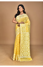 Morchari Pure Cotton Dhakai Jamdani Handloom Saree-Yellow | Grocsy