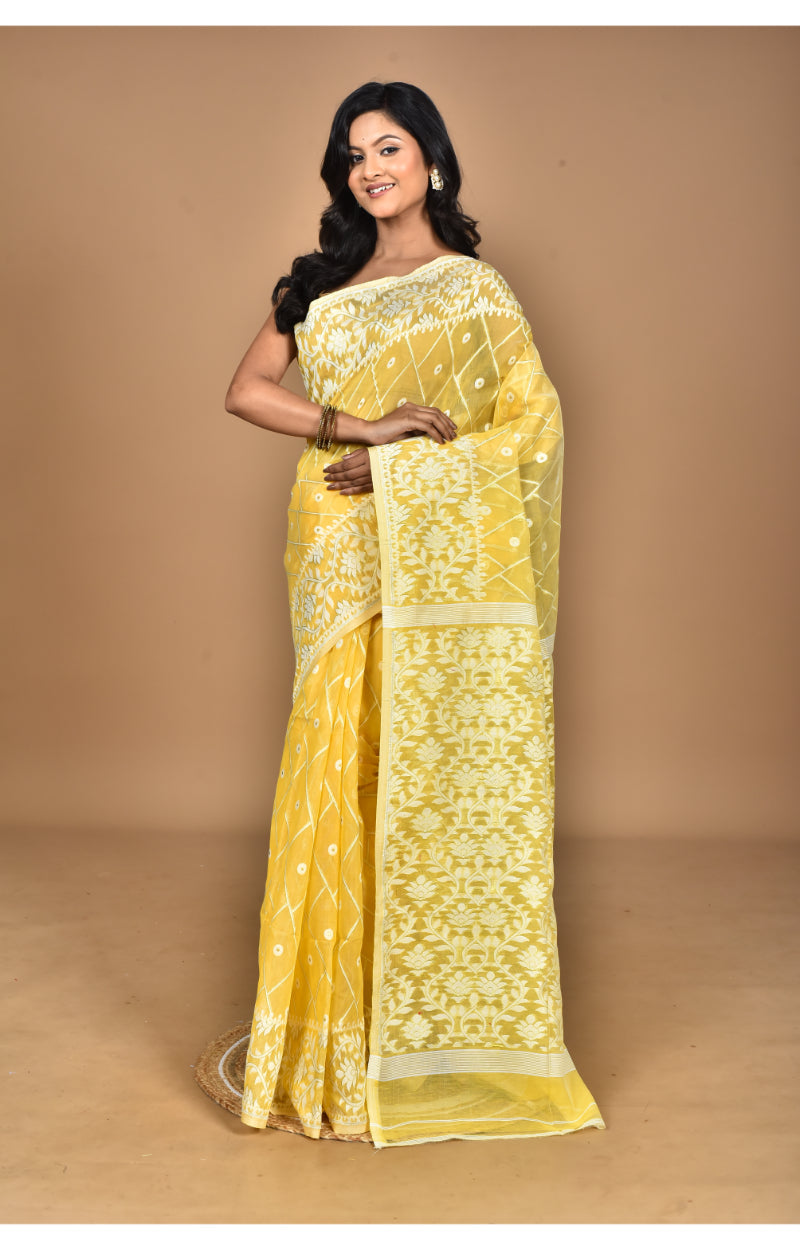 Morchari Pure Cotton Dhakai Jamdani Handloom Saree-Yellow | Grocsy