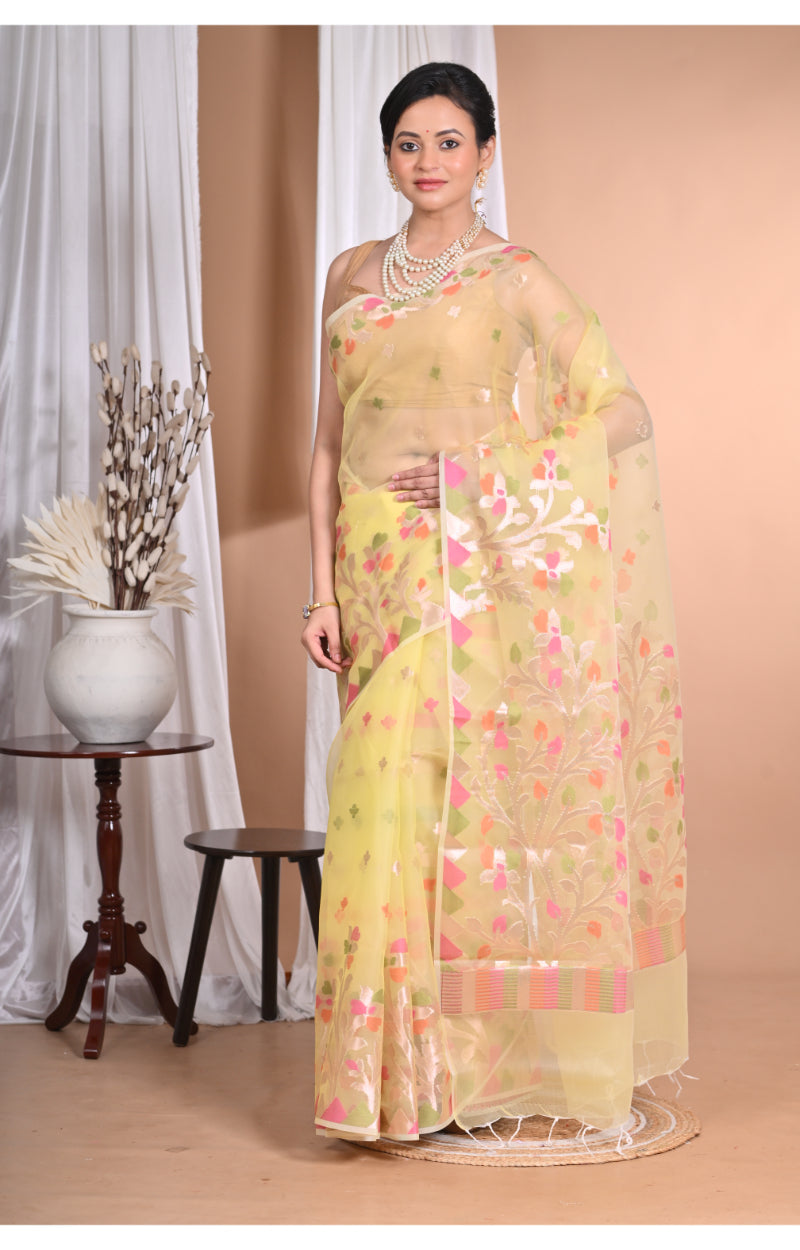 Morchari Heavy Jamdani Silk Orzanga Saree-Yellow | Grocsy