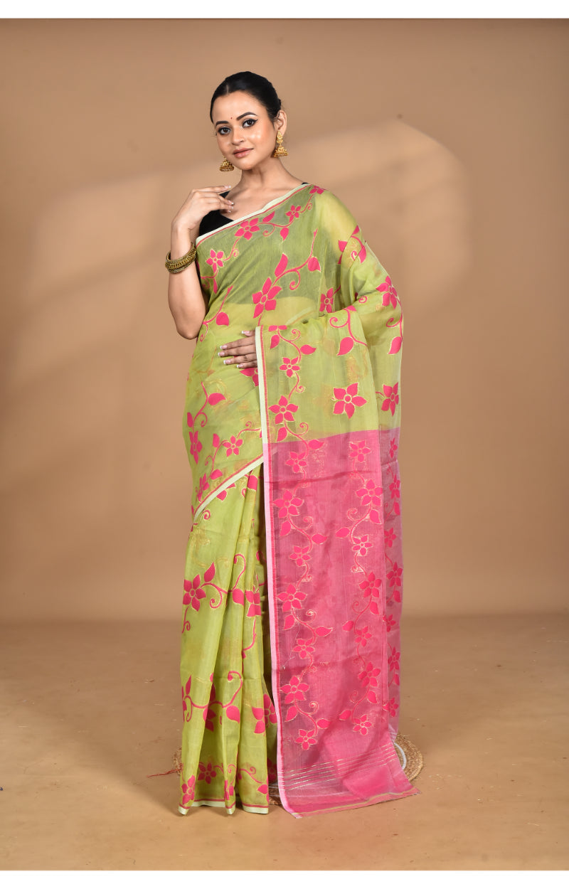 Morchari Pure Cotton Dhakai Jamdani Handloom Saree-Green | Grocsy